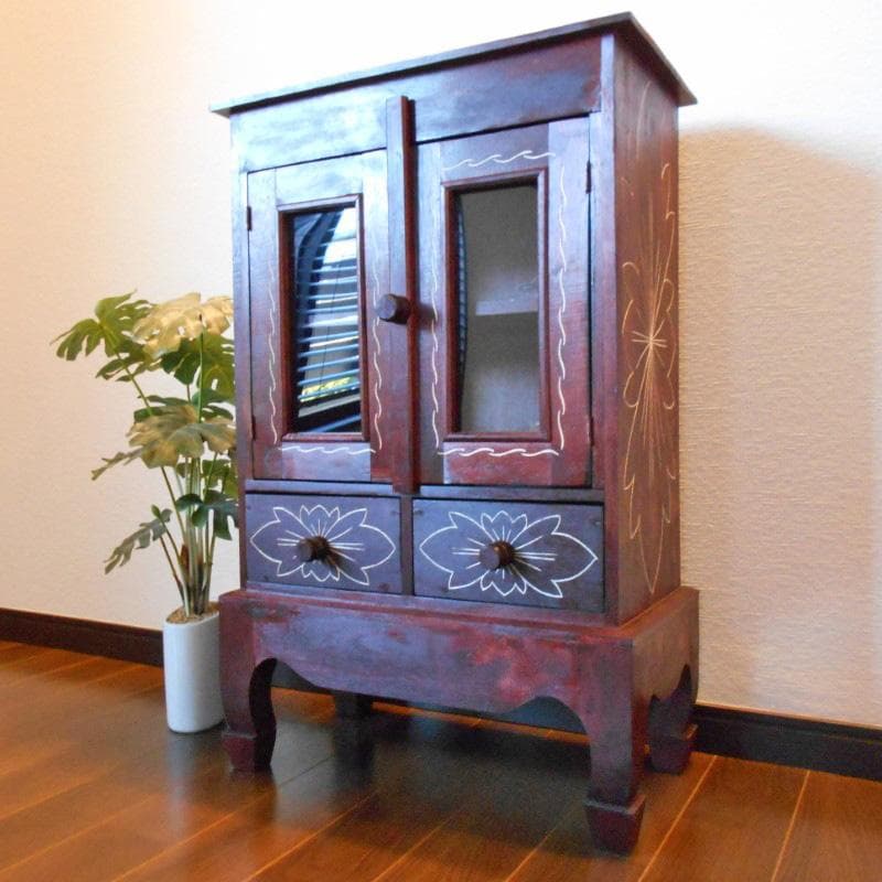 アウトレット品 花柄模様 猫足 キャビネット お祈りかえる付き♪ 完成品家具