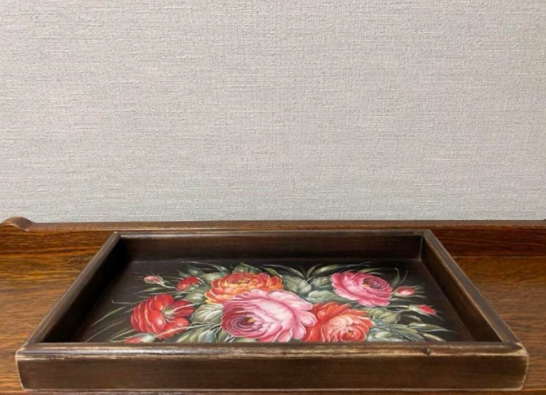ロシア雑貨☆Rose木製トレイ薔薇 ジョストボ柄 マトリョーシカ ガリーナ作