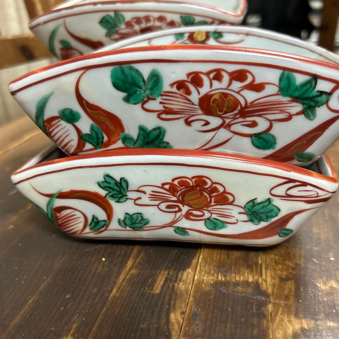 美濃焼　幸兵衛窯　五代 加藤幸兵衛造　金彩赤呉須　扇形向付　手びねり手描き　5個