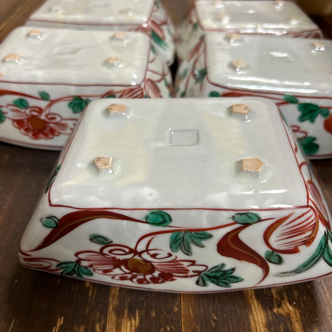 美濃焼　幸兵衛窯　五代 加藤幸兵衛造　金彩赤呉須　扇形向付　手びねり手描き　5個