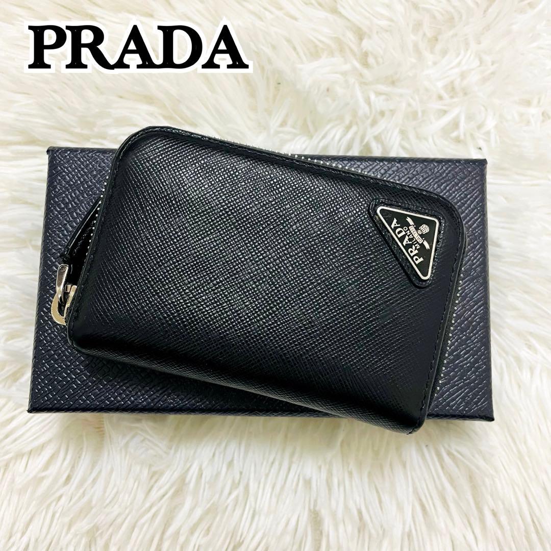 極美✨付属付き✨PRADA ケース ラウンド サフィアーノレザー 黒