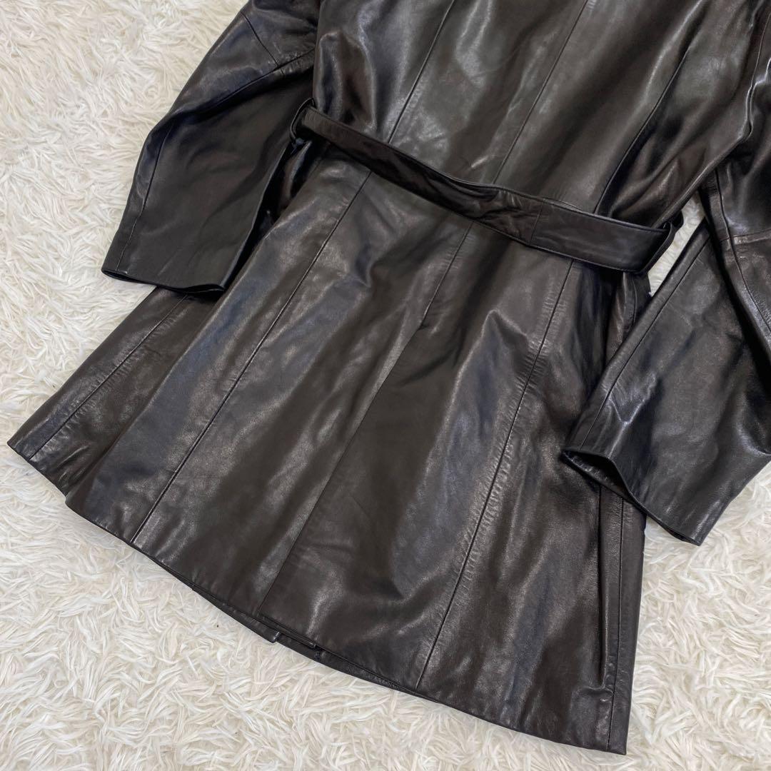 【美品】本革 レザーロングコート スタンドカラー ベルト付 ブラック モード