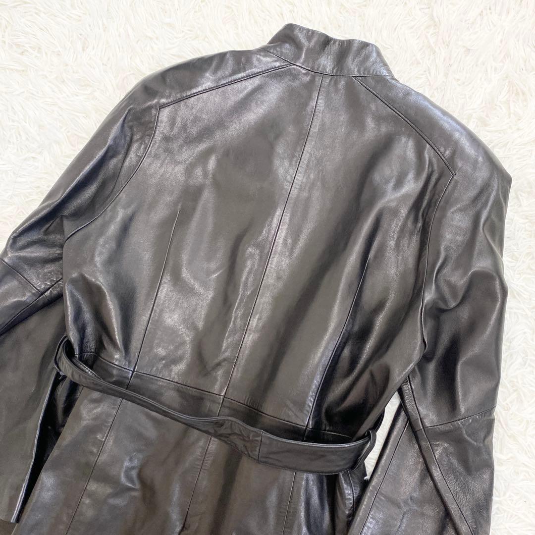 【美品】本革 レザーロングコート スタンドカラー ベルト付 ブラック モード
