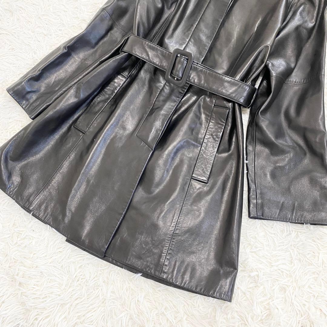【美品】本革 レザーロングコート スタンドカラー ベルト付 ブラック モード