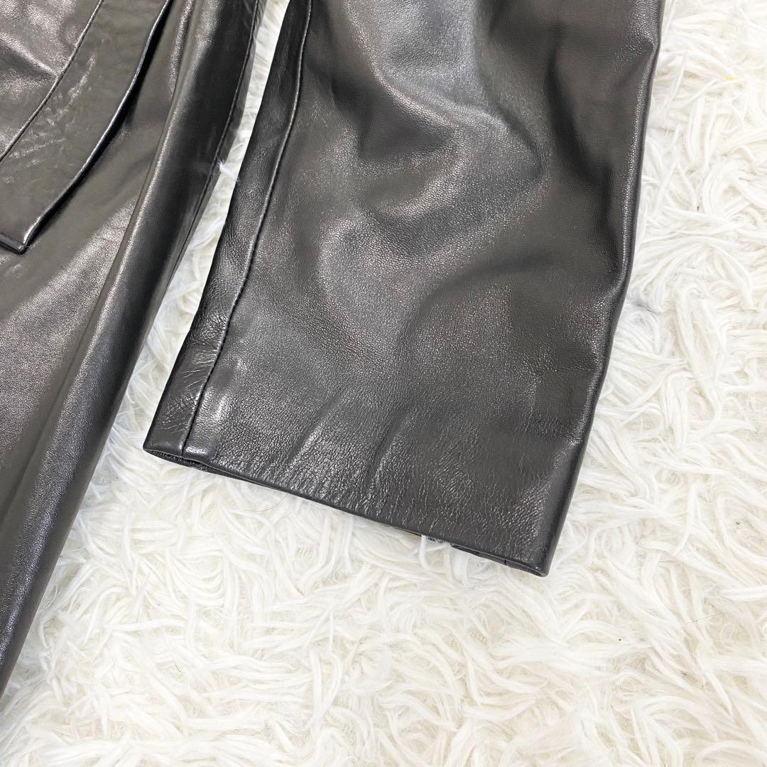 【美品】本革 レザーロングコート スタンドカラー ベルト付 ブラック モード