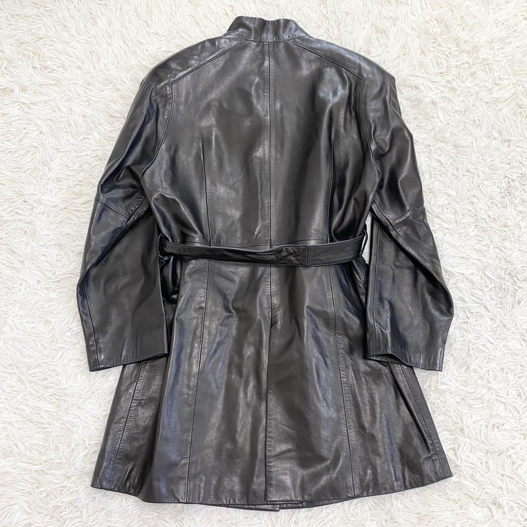 【美品】本革 レザーロングコート スタンドカラー ベルト付 ブラック モード
