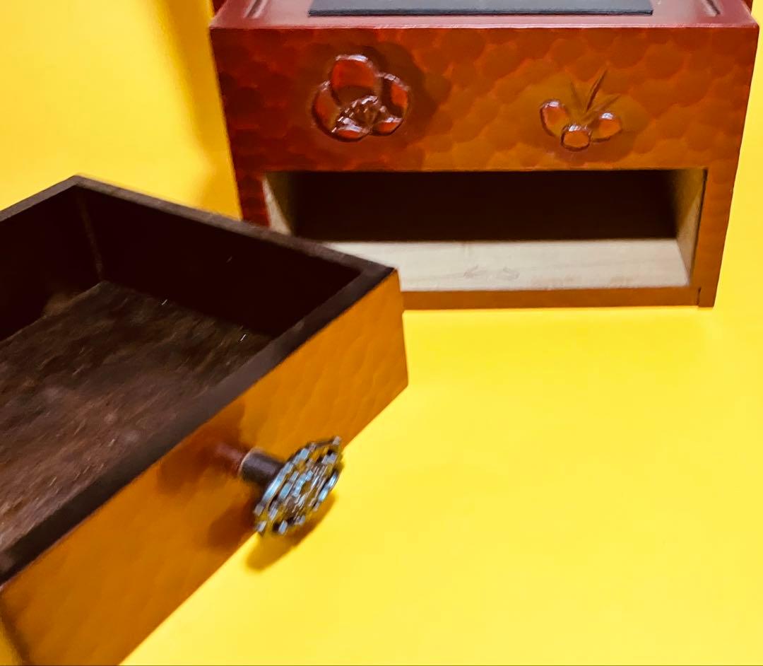 持ち手付き灰皿　昭和レトロ　木製　手提灰皿　引き出し付き　鎌倉彫り　ビンテージ