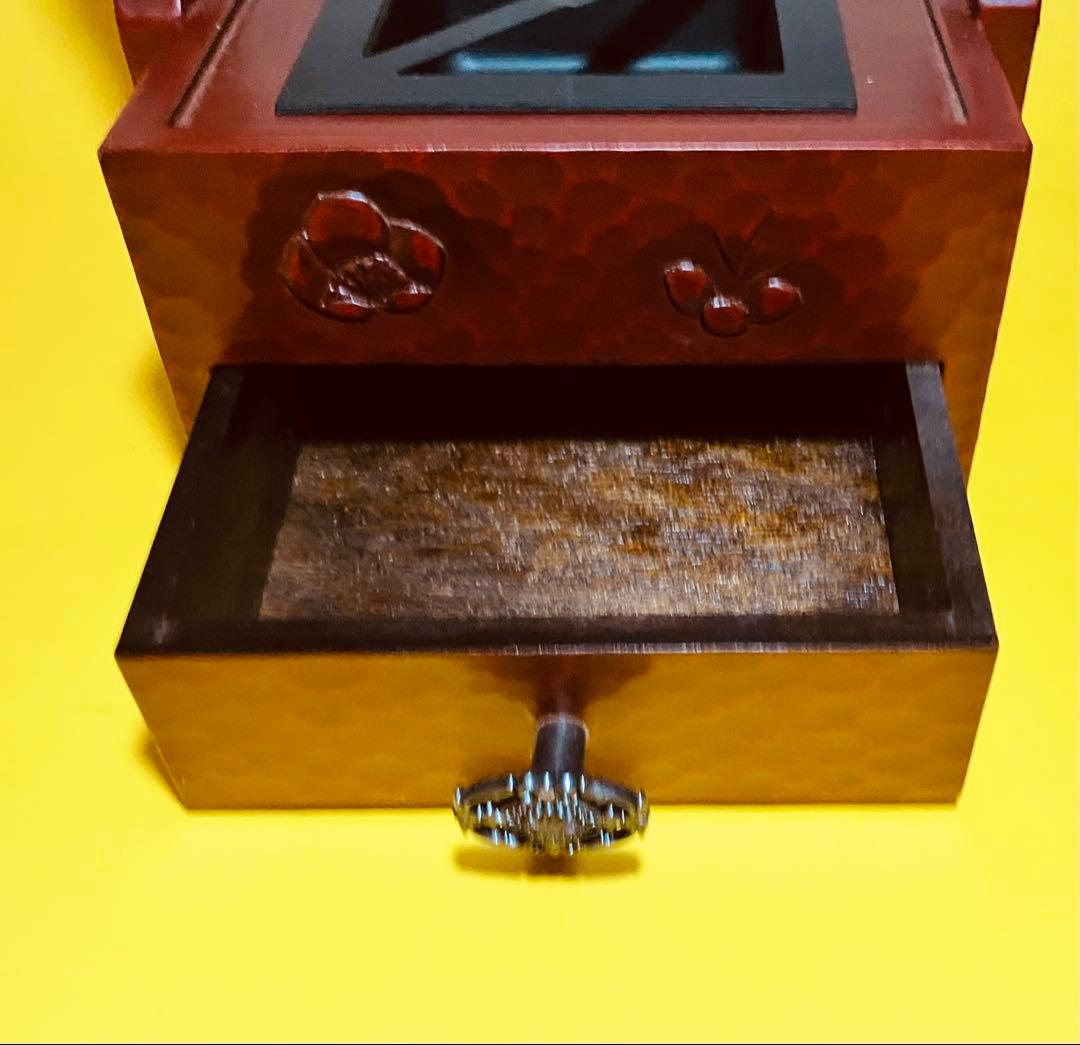 持ち手付き灰皿　昭和レトロ　木製　手提灰皿　引き出し付き　鎌倉彫り　ビンテージ