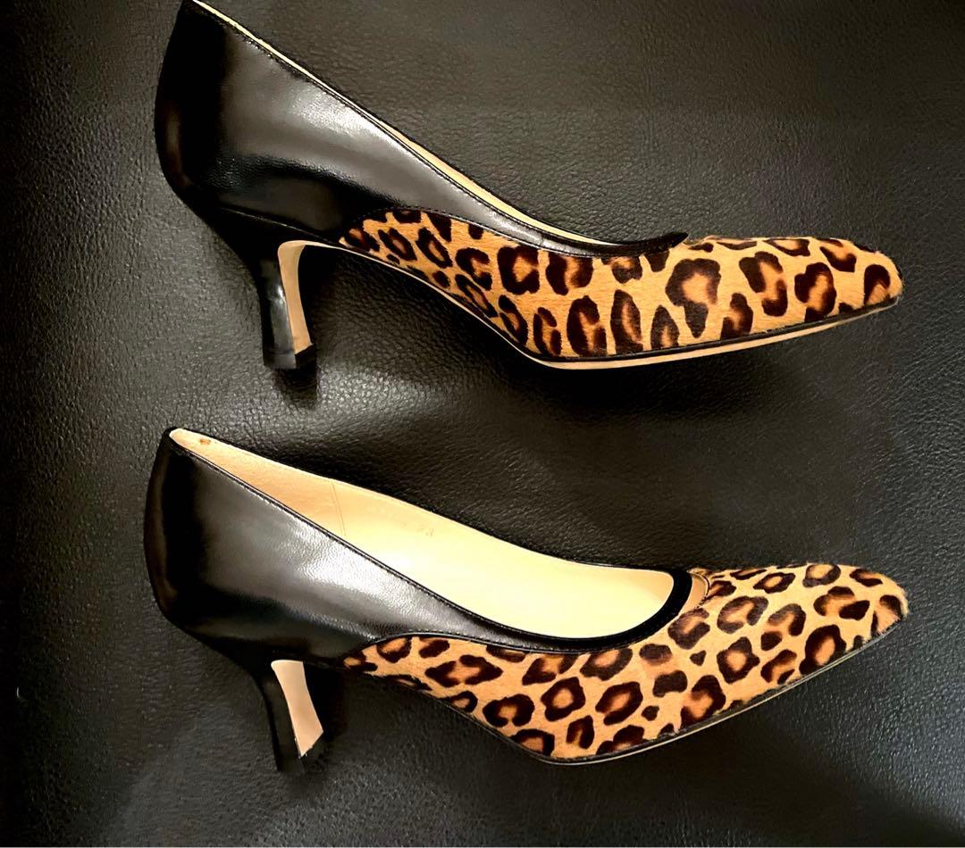 新品 未使用 希少 本革 婦人靴 パンプス ヒール ベージュ 23cm ヒョウ柄