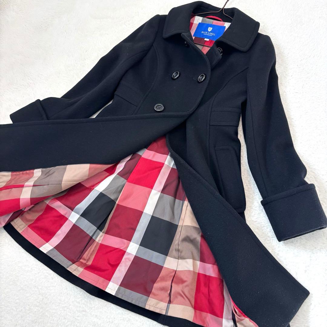 ブルーレーベルクレストブリッジ ダブルブレスト チェック ロングコート ブラック