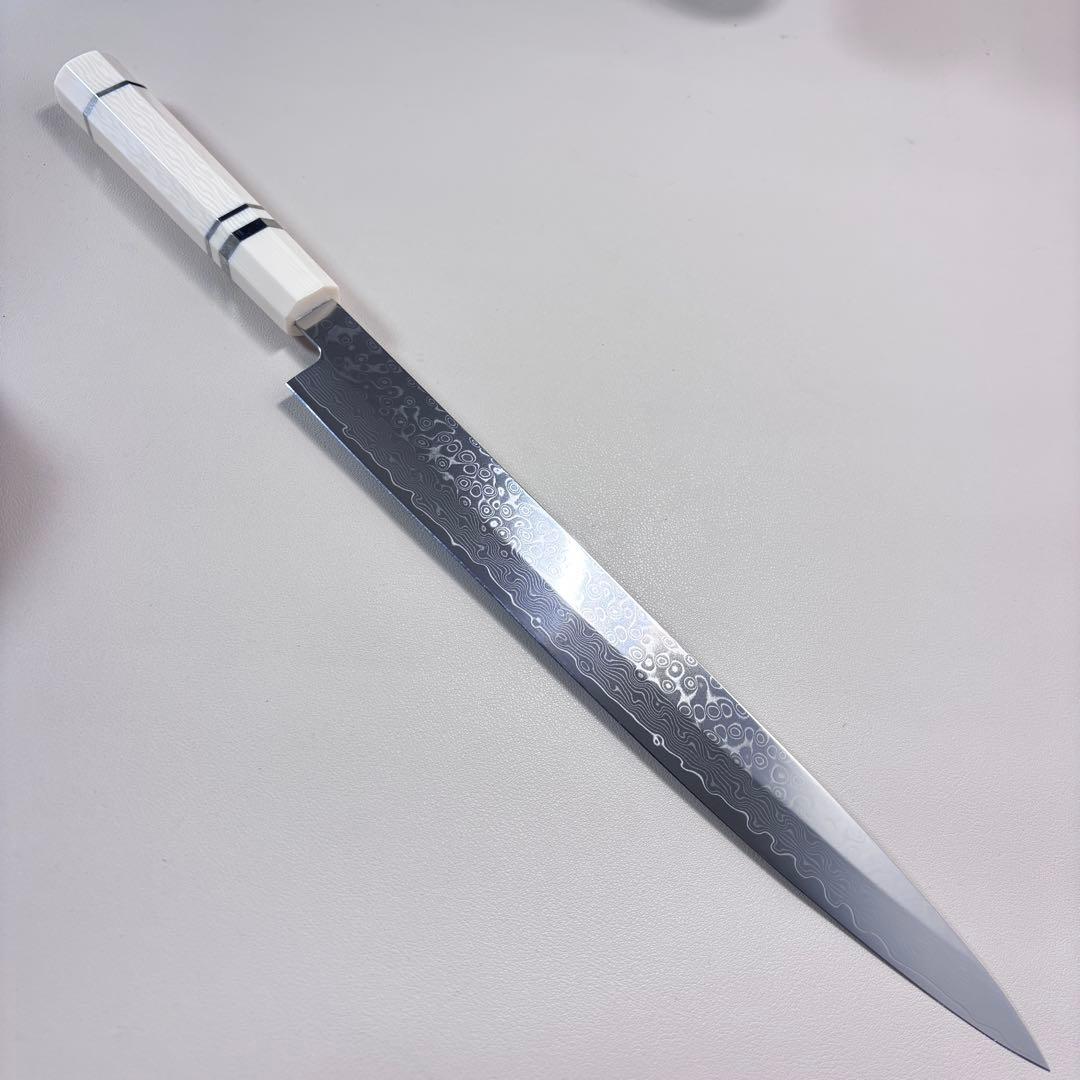 尺300mm 柳刃包丁 墨流しダマスカス　人工象牙八角柄 和包丁 白•