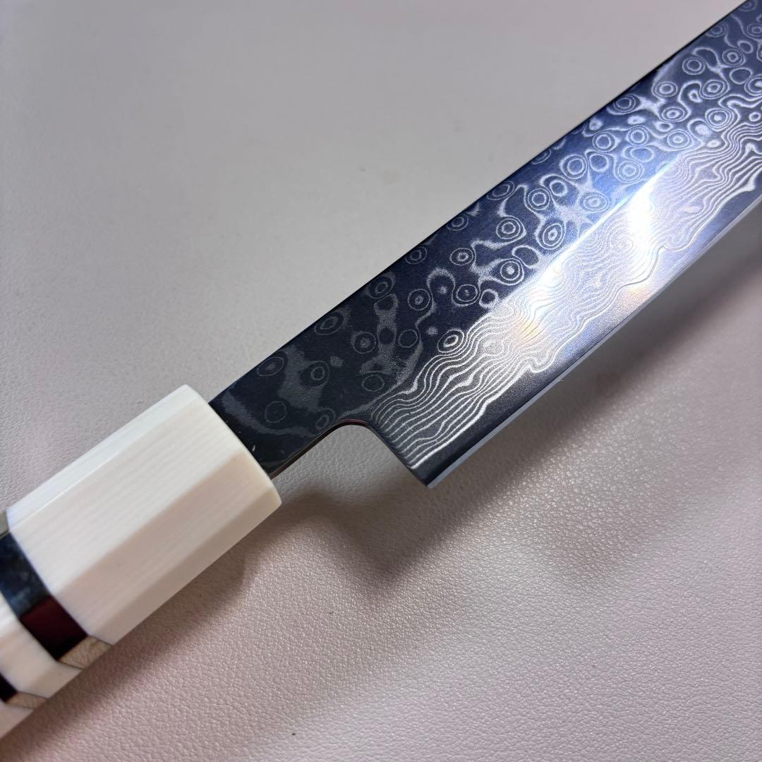 尺300mm 柳刃包丁 墨流しダマスカス　人工象牙八角柄 和包丁 白•