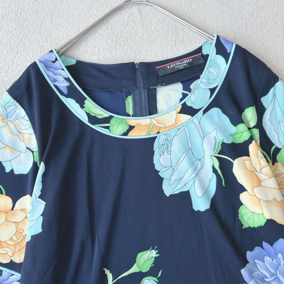 美品✨レオナール　ブラウス　半袖　花柄　トリム　　カンカン素材　ブルー　L