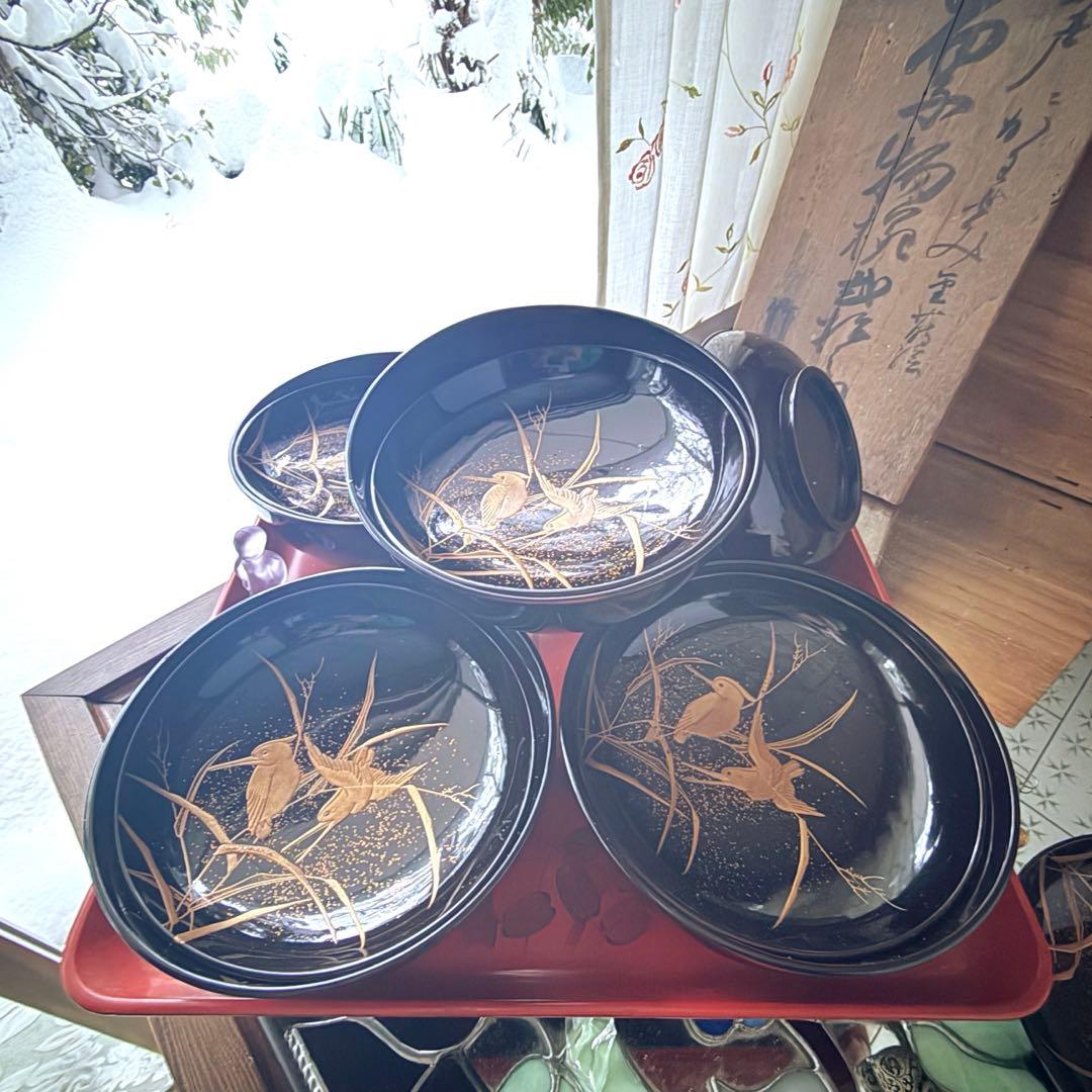 2245様感謝‼️JAPAN蒔絵かわせみ天然木伏蒔絵 芦にかわせみ真塗厚物椀 5客