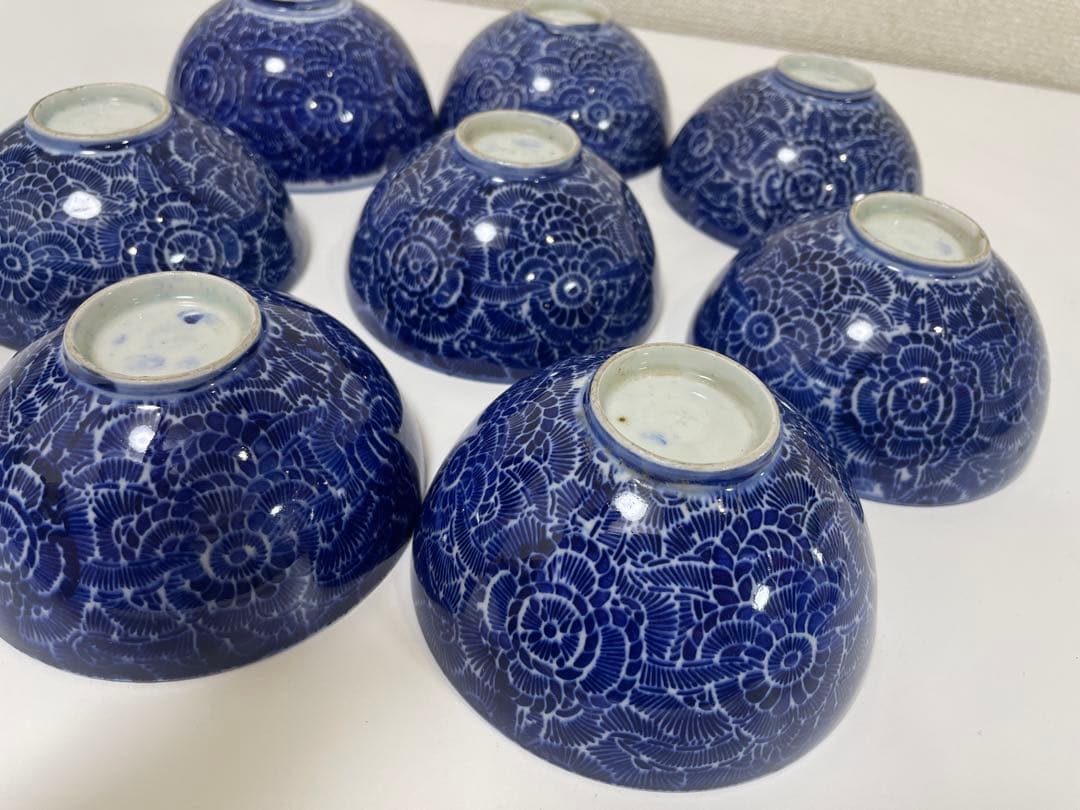 古伊万里 染付 花唐草模様 レトロ 明治 蓋付き 茶碗 8客 蓋9客