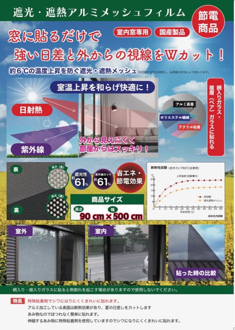 【送料無料】電気代高騰対策　遮光・遮熱アルミメッシュ 0.9 m × 5 m