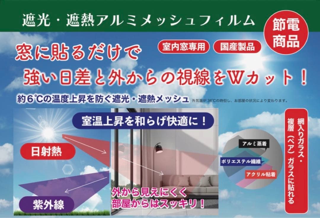 【送料無料】電気代高騰対策　遮光・遮熱アルミメッシュ 0.9 m × 5 m