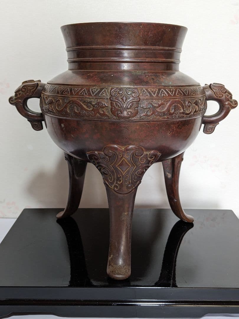 ♦銅器 神獣文 龍双耳 三足花器 初代 定塚義正 明治〜大正時代 花生 骨董品
