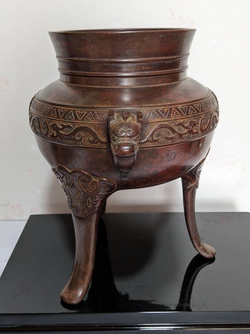 ♦銅器 神獣文 龍双耳 三足花器 初代 定塚義正 明治〜大正時代 花生 骨董品