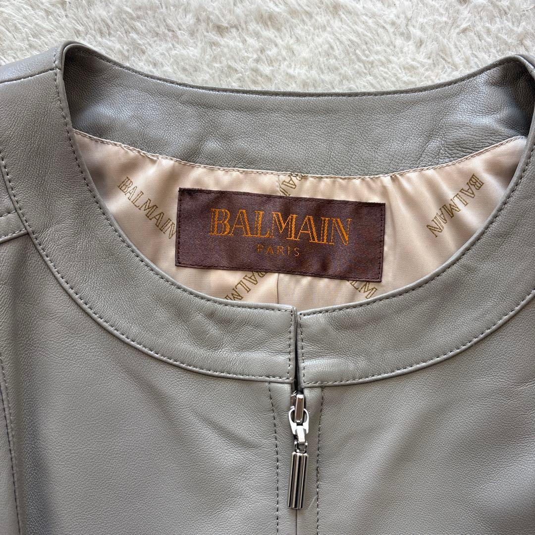 BALMAIN バルマン　ラムレザージャケット　ノーカラー　羊革　13号　グレー