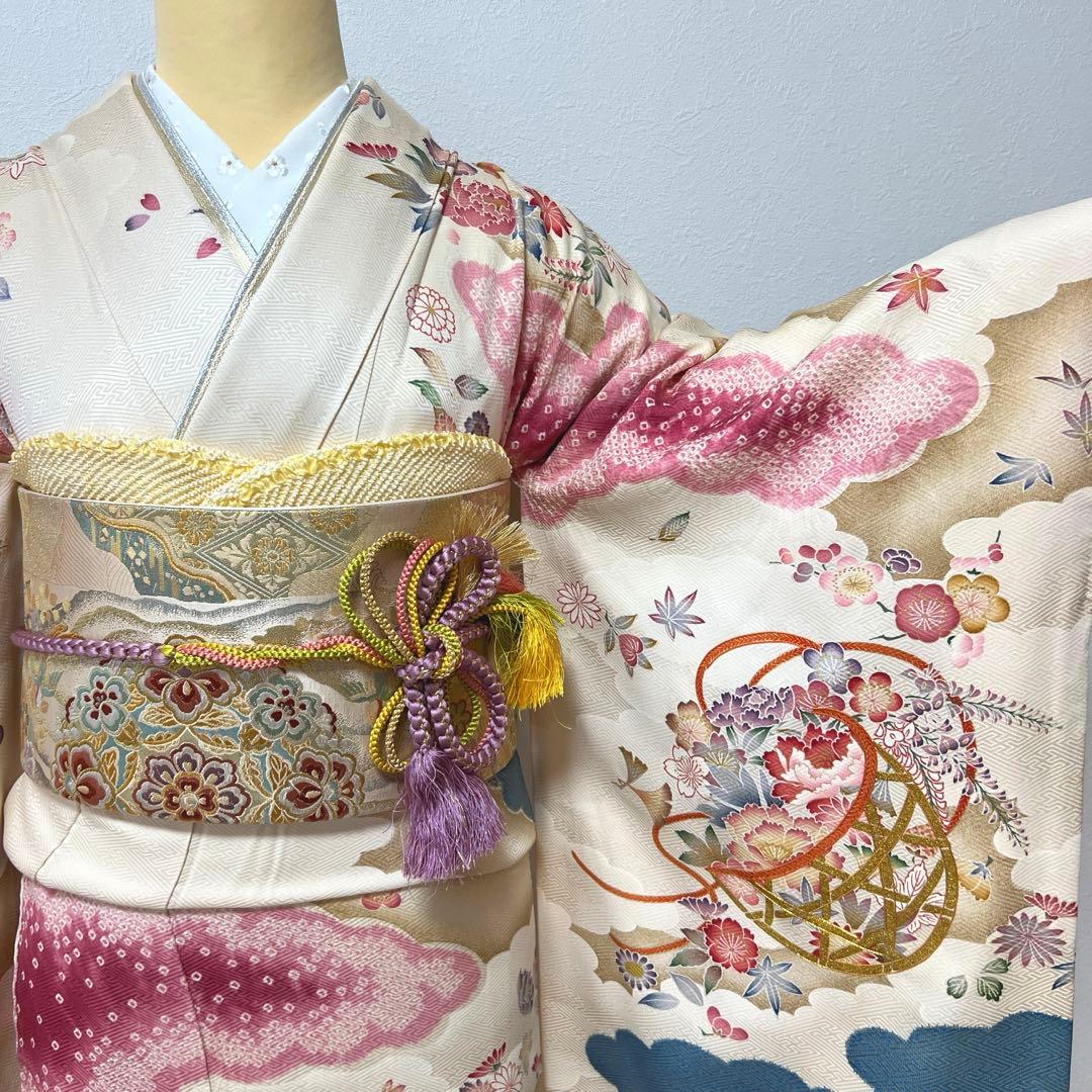 446 振袖フルセット 正絹 岩田専太郎 金彩 駒刺繍 絞り クリーム 青 紫