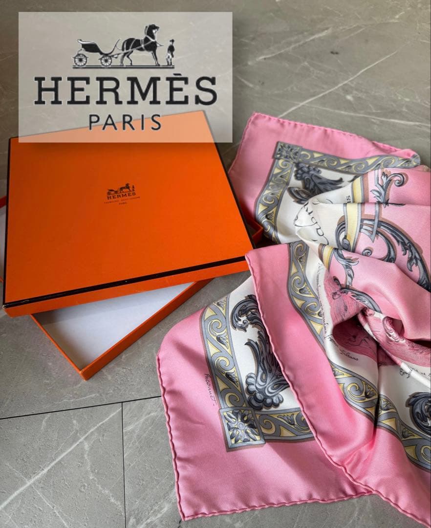 エルメス カレ90クールベットとカブリオレ ピンク シルクスカーフ 箱付