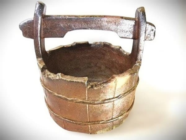 備前焼 佐藤苔助 手桶花入 焼き締 逸品 共布 共箱