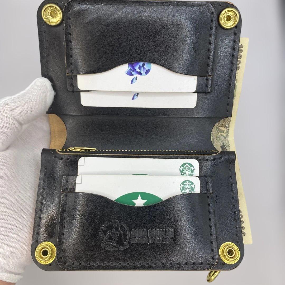 値下【無骨x上質 お札折らず収納】 丘染ブラック 手染ミドルトラッカーウォレット