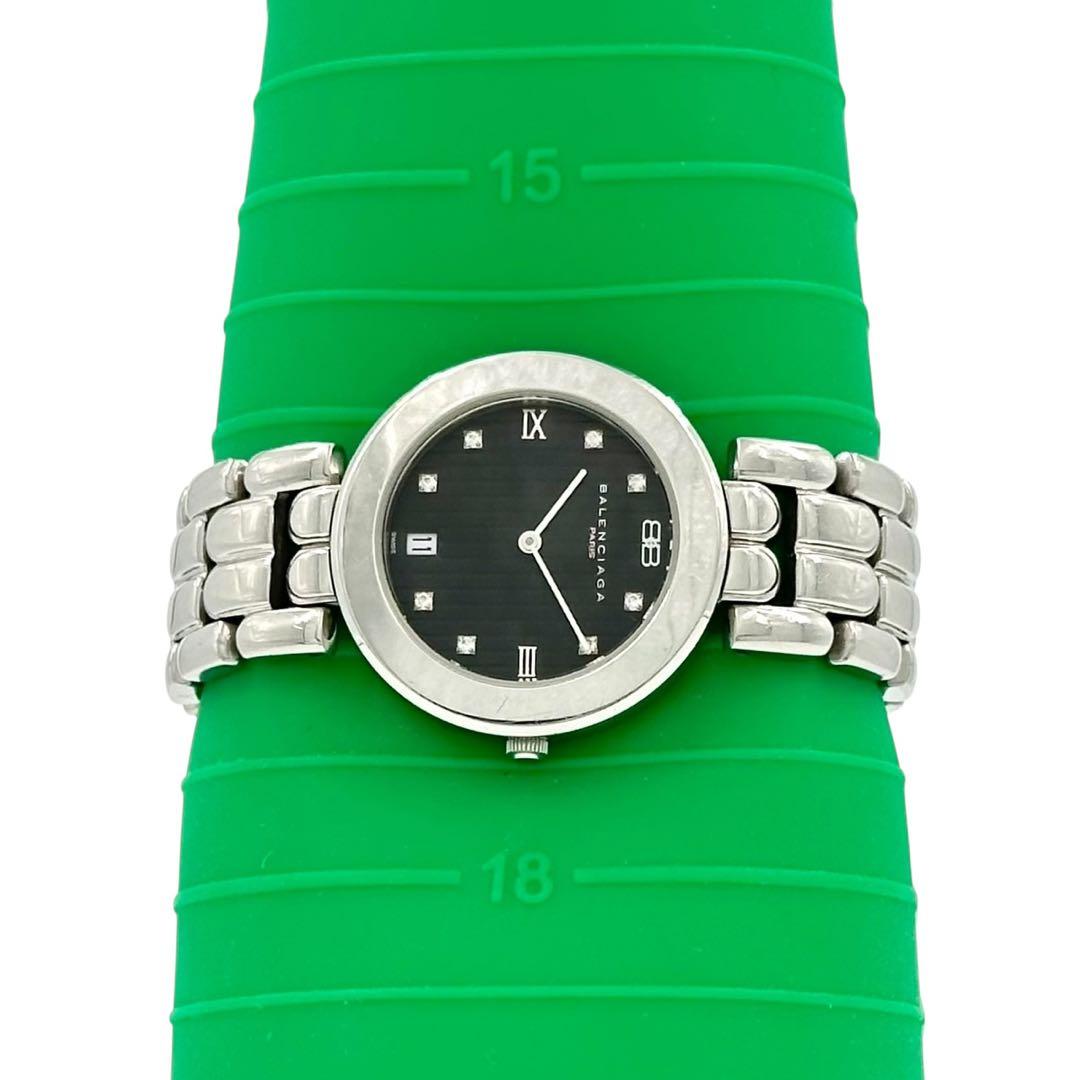 バレンシアガ　腕時計　クオーツ　シルバー　8Pダイヤ　黒文字盤　レディース