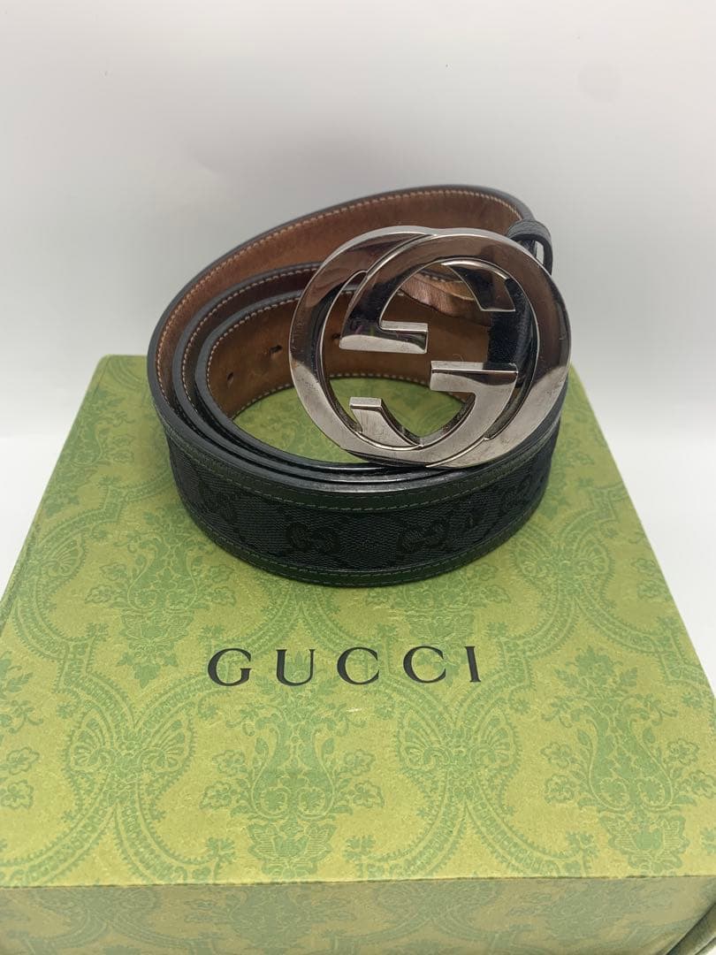 GUCCI グッチ インターロッキングG ベルト GGキャンバス レザー