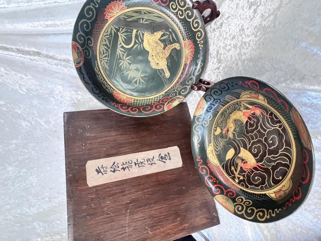 金蒔絵龍虎紋入れ子盆　一対　共箱　幕末～明治期