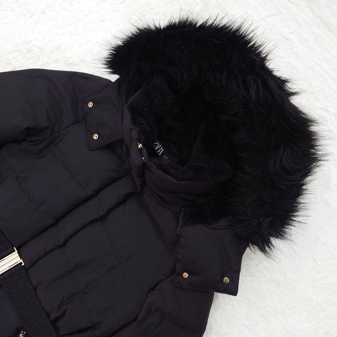 ZARA ザラ フェイクファー ロングダウンコート　ウエストベルト　M 黒