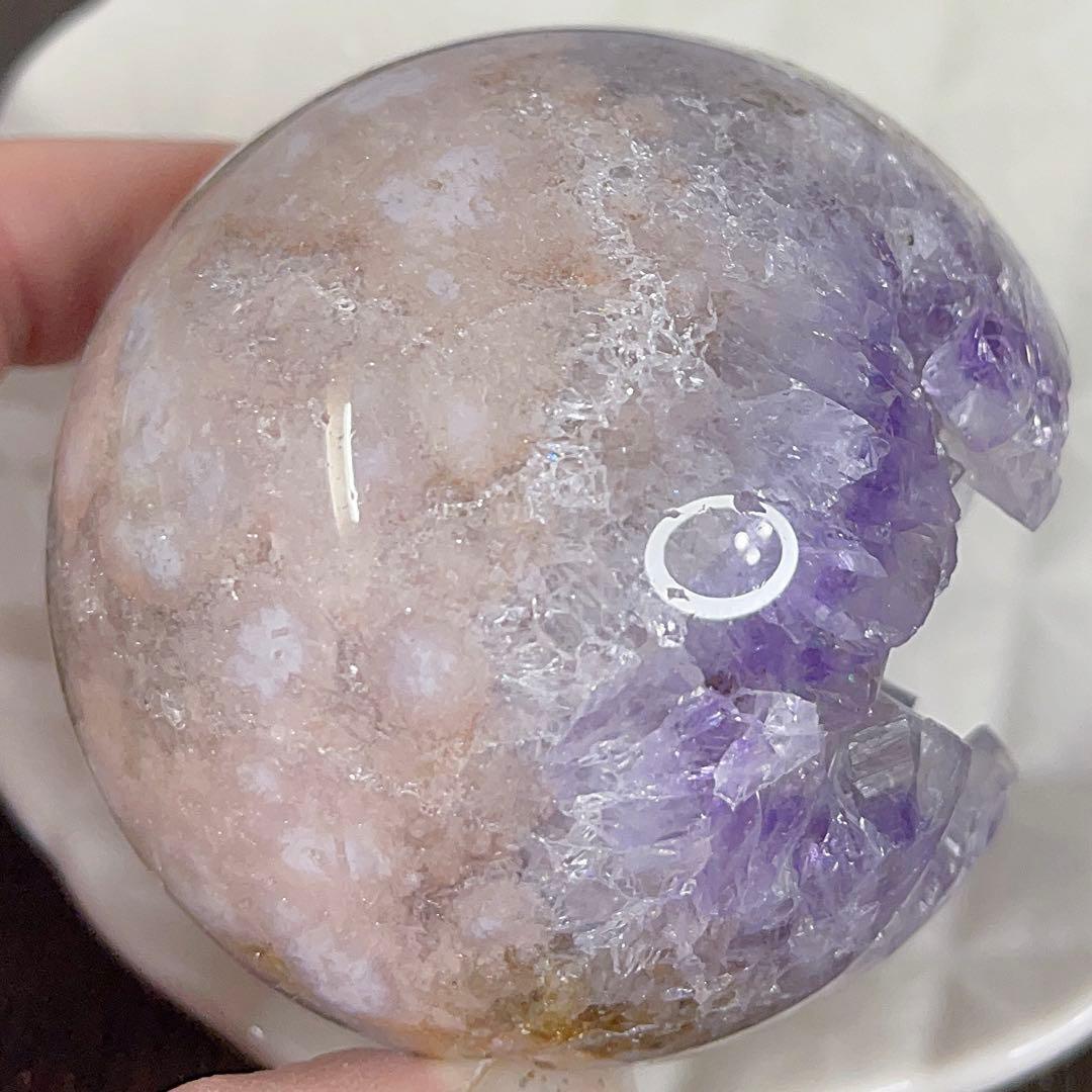 大! 天然石 ジオード アゲート ピンクアメジスト 共生 スフィア パープル