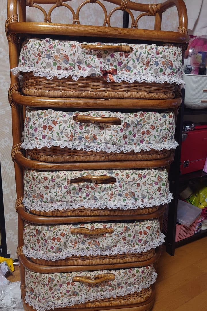 ラタン製花柄カバー付きチェスト 5段