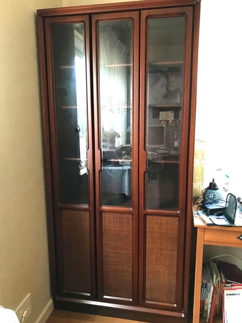 本棚 ブラウン木製キャビネット ガラス扉 5棚