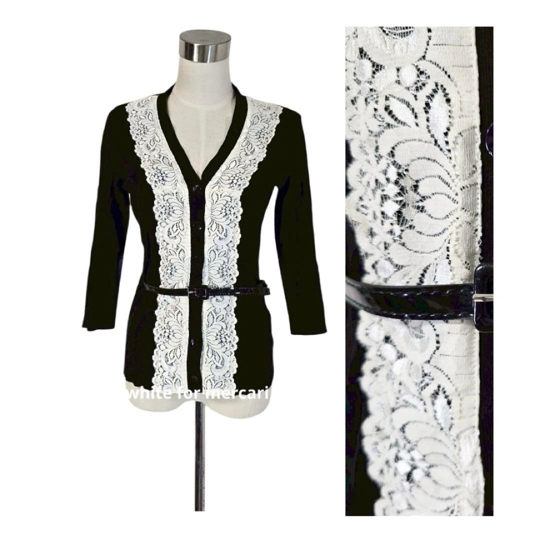 米国百貨店購入 エレガンス白レース装飾シルク100ベルト付きニット