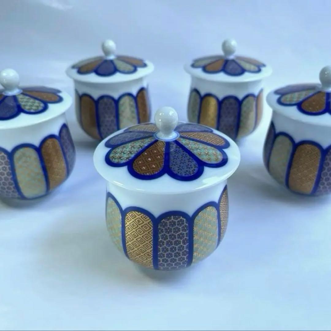 香蘭社　染錦模様　蓋付き湯呑　蒸し碗　5点　湯呑み