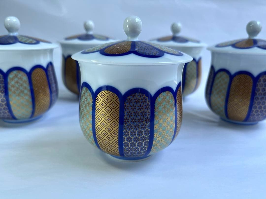 香蘭社　染錦模様　蓋付き湯呑　蒸し碗　5点　湯呑み