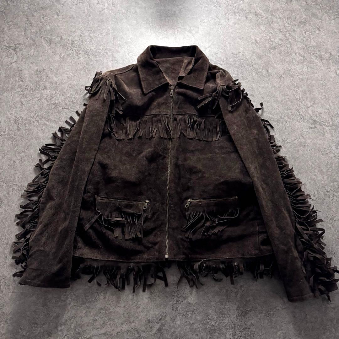 vintage レザージャケット　ウエスタン　フリンジ　ギミック　イタリア製　L