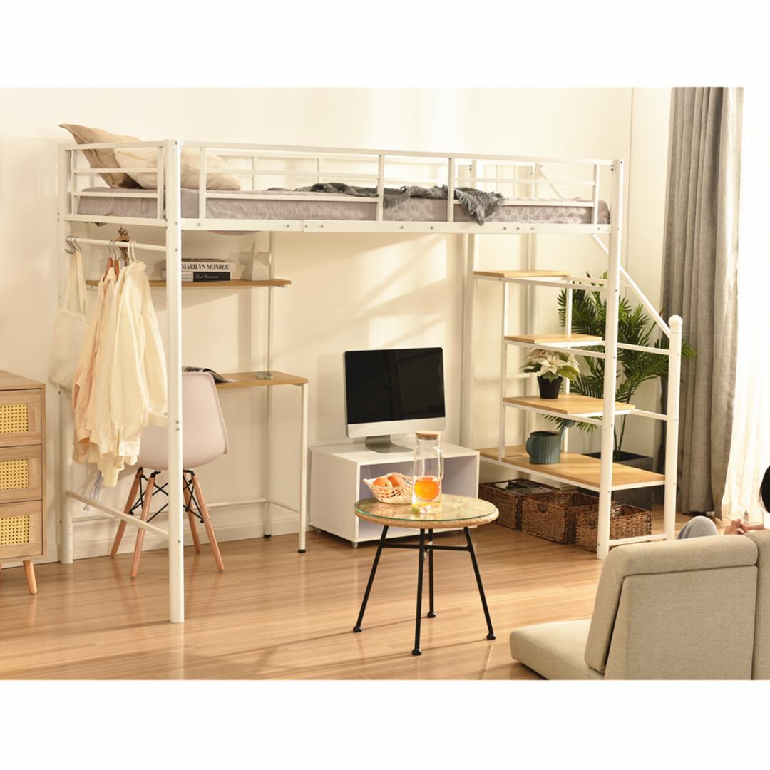 ロフトベッド シングル 階段付き パイプベッド デスク付 北欧風 コンセント付