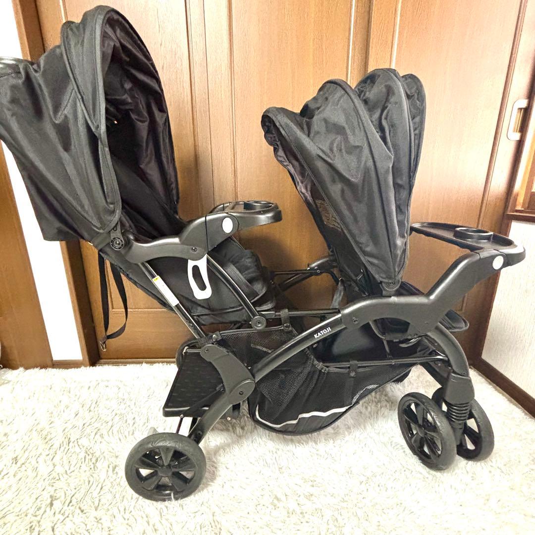 ✨極美品✨KATOJIベビーカー 二人でゴーDX　ブラック黒　レインカバー付き