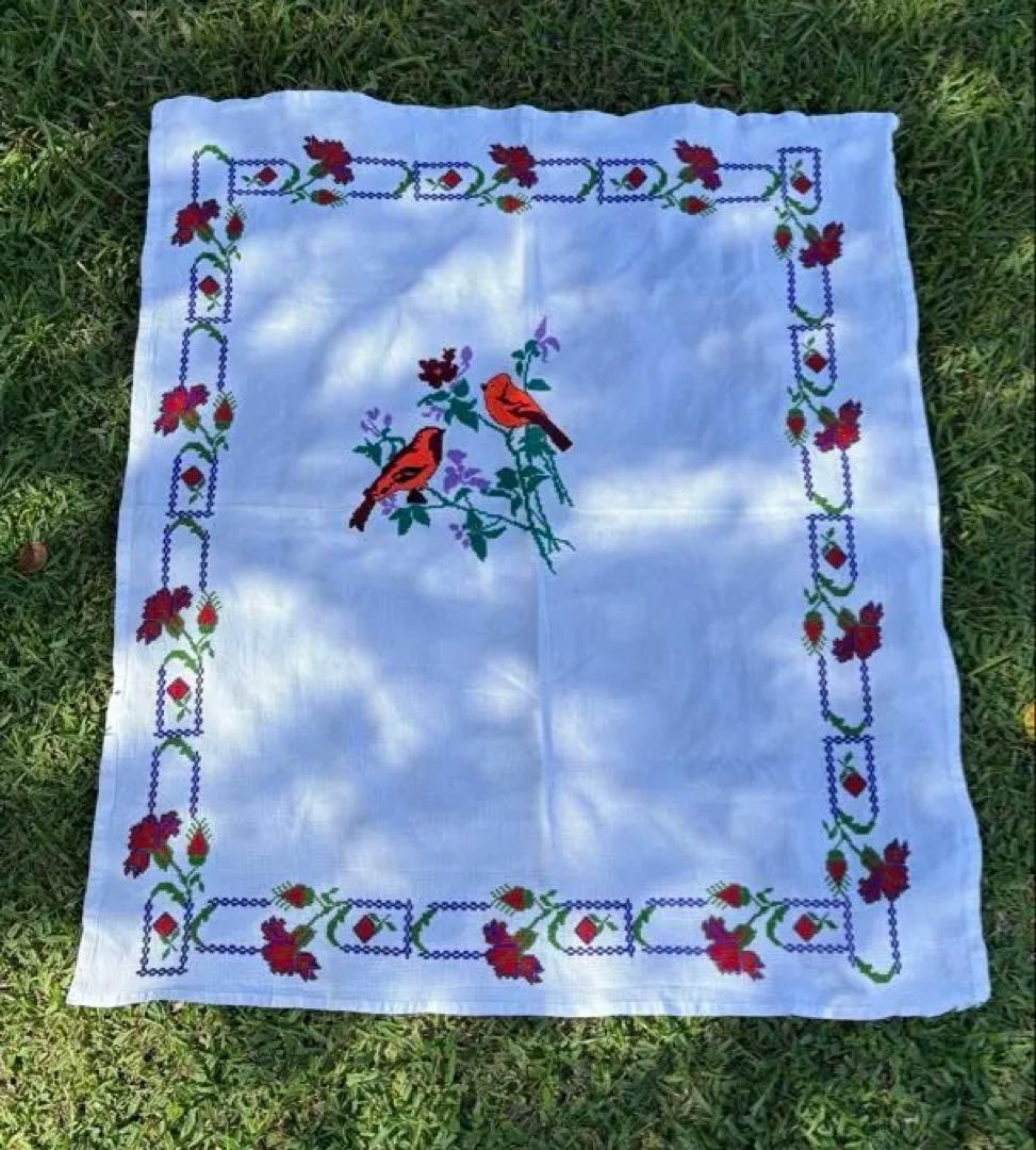 ヴィンテージ　テーブルクロス　クロススティッチ　鳥