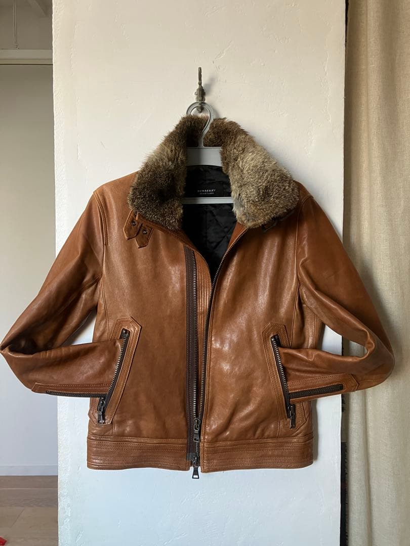 バーバリー ブラックレーベル レザージャケット ファー付き　羊革 ブラウン M