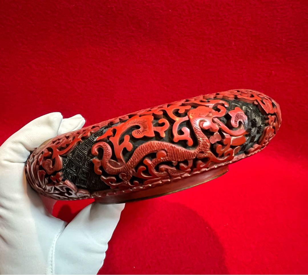 中国美術 古玩 堆朱 剔紅 漆彫 龍紋樣 寶相花紋樣 煙皿 置物
