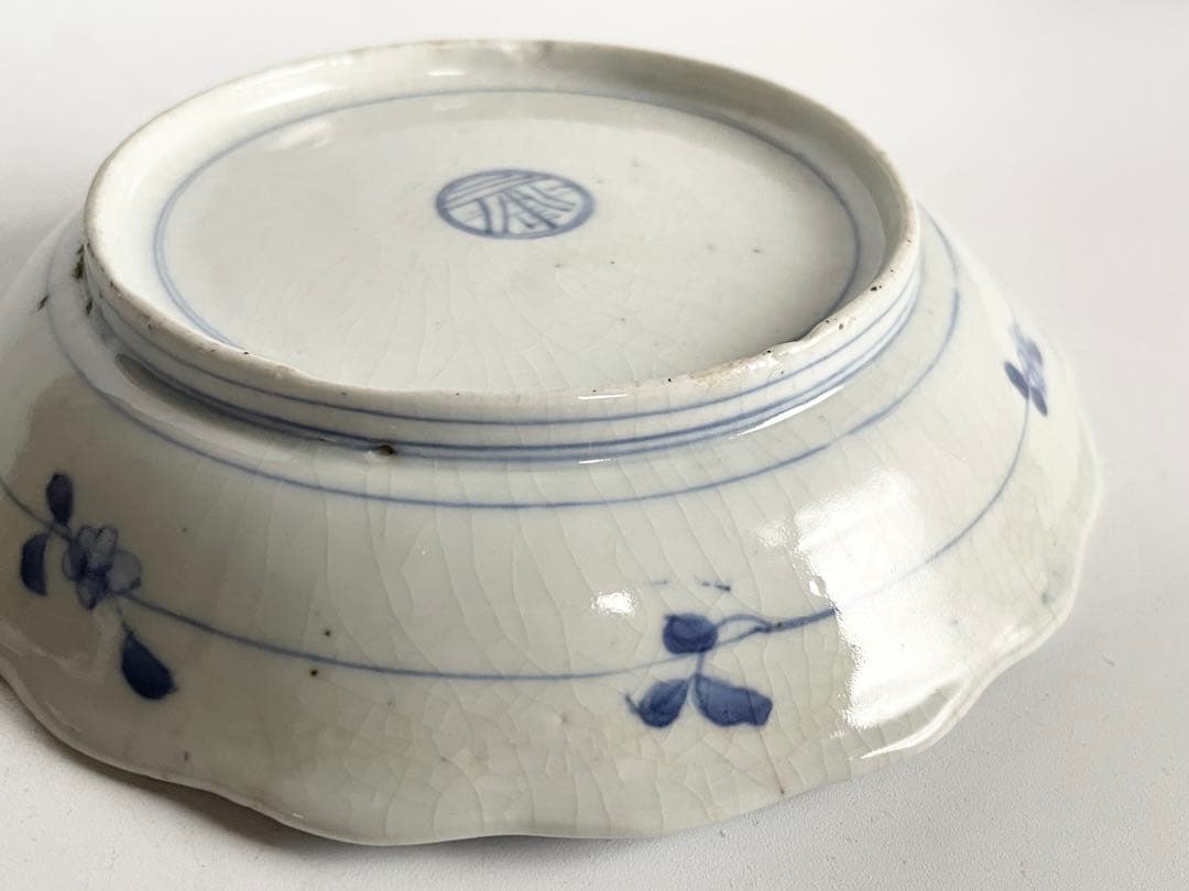 骨董　アンティーク　藍九谷　網干　船文様　輪花皿　小皿　五寸皿　誉印　古伊万里