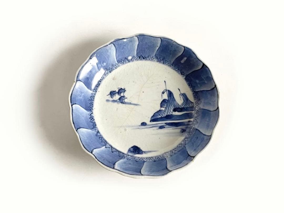 骨董　アンティーク　藍九谷　網干　船文様　輪花皿　小皿　五寸皿　誉印　古伊万里