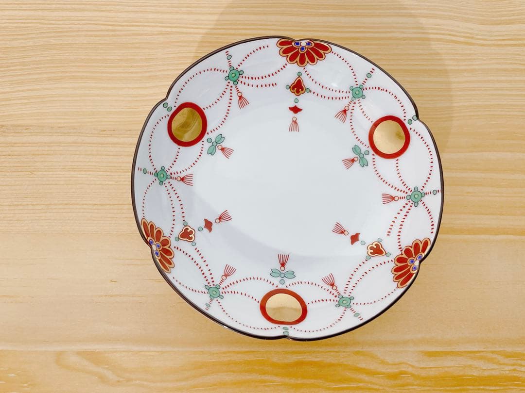 Jerry其泉窯 角二段重 錦日輪赤玉瓔珞文 小皿 錦日輪赤玉瓔珞文