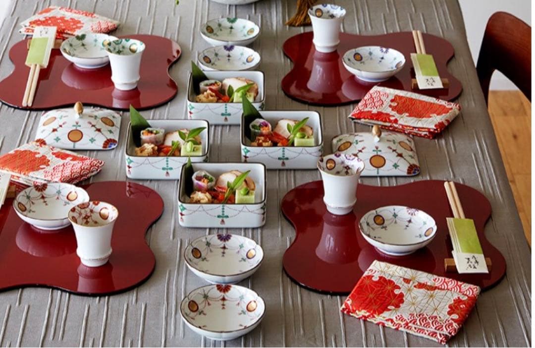 Jerry其泉窯 角二段重 錦日輪赤玉瓔珞文 小皿 錦日輪赤玉瓔珞文