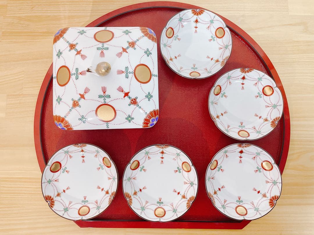 Jerry其泉窯 角二段重 錦日輪赤玉瓔珞文 小皿 錦日輪赤玉瓔珞文