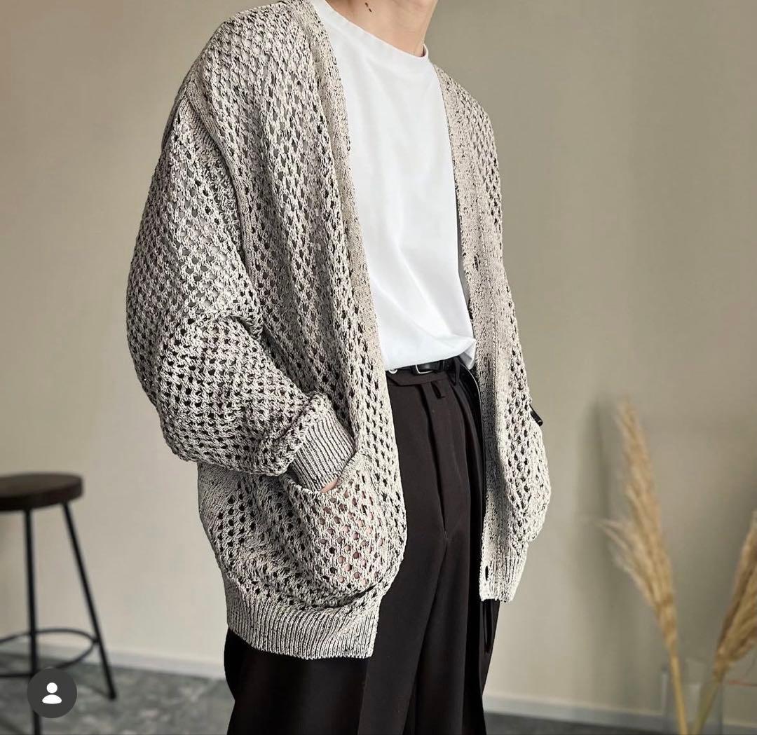 【美品】YOKE MESHED KNIT CARDIGAN(FOG WHITE)